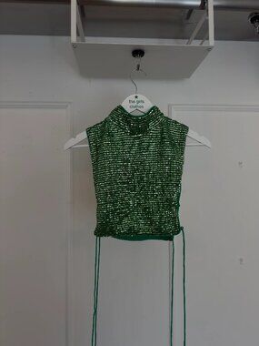 h:ours 21 Green Sequin Lace-Up Side Crop Top Size S